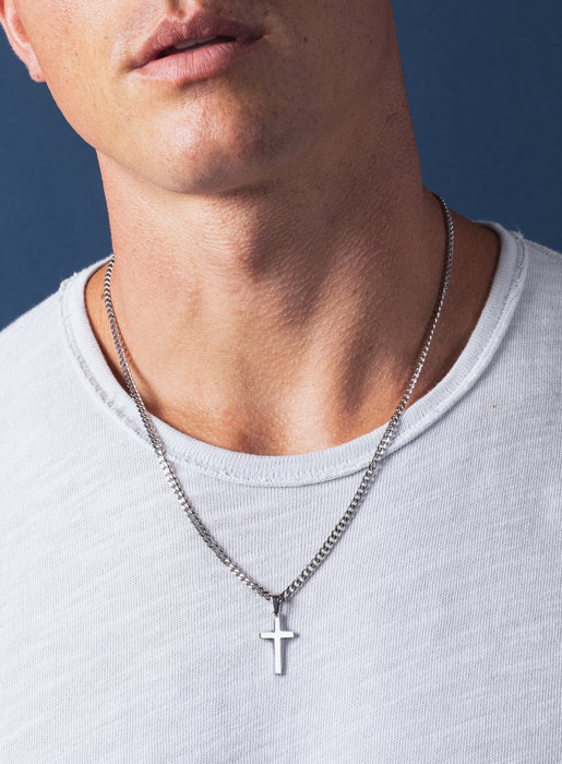 Men's Sterling Silver Classic Cross Pendant Necklace. 22