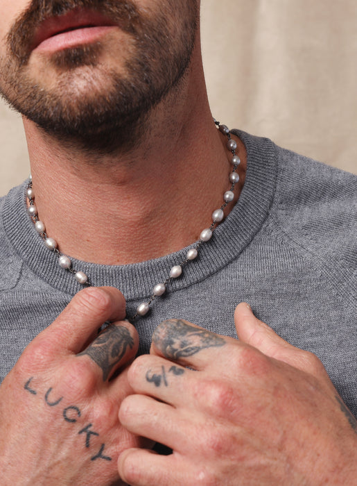 925 Oxidized Sterling Silver Gray Pearls Necklace for Men Necklace WE ARE ALL SMITH: Men's Jewelry & Clothing.   