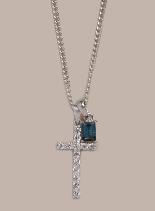 925 Sterling Silver Cubic Zirconia Cross with Blue Topaz Pendant Necklaces We Are All Smith