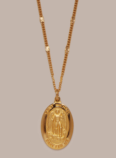 Saint Michael Oval Medal on 14k Gold Filled Starburst Curb Chain Necklaces WE ARE ALL SMITH: Men's Jewelry & Clothing.