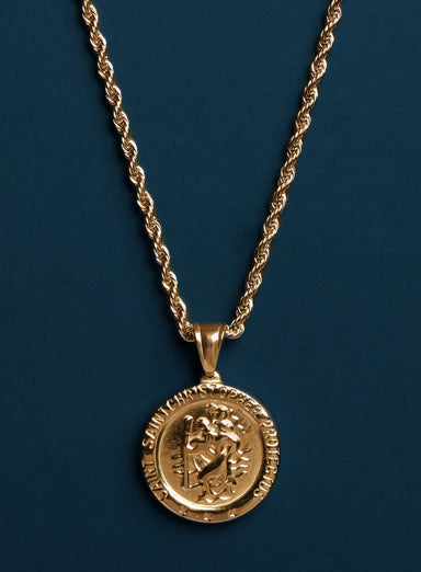 Gold Stainless Steel St. Christopher Medal on rope chain necklace (SHIPS NOV 16)  WE ARE ALL SMITH: Men's Jewelry & Clothing.   