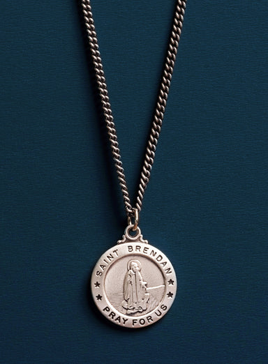 Saint Brendan Sterling Silver Round Medal Pendant Necklace for Men / Custom engraved  / Catholic Saint / Father's Day Gifts for him, husband Necklace WE ARE ALL SMITH: Men's Jewelry & Clothing.   