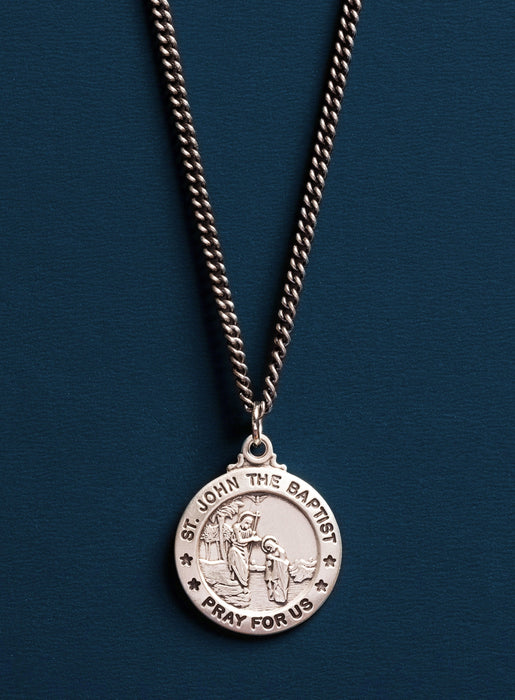 Saint John the Baptist Round Circle Silver Medallion for Men in Oxidized Sterling Silver Necklace WE ARE ALL SMITH: Men's Jewelry & Clothing.   