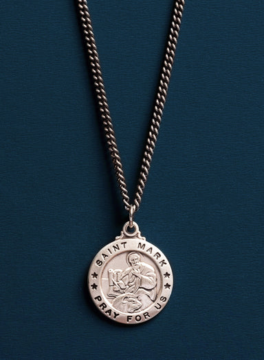 Saint Mark the Evangelist Round Sterling Silver Medal for Men on Oxidized Curb Chain Necklace WE ARE ALL SMITH: Men's Jewelry & Clothing.   