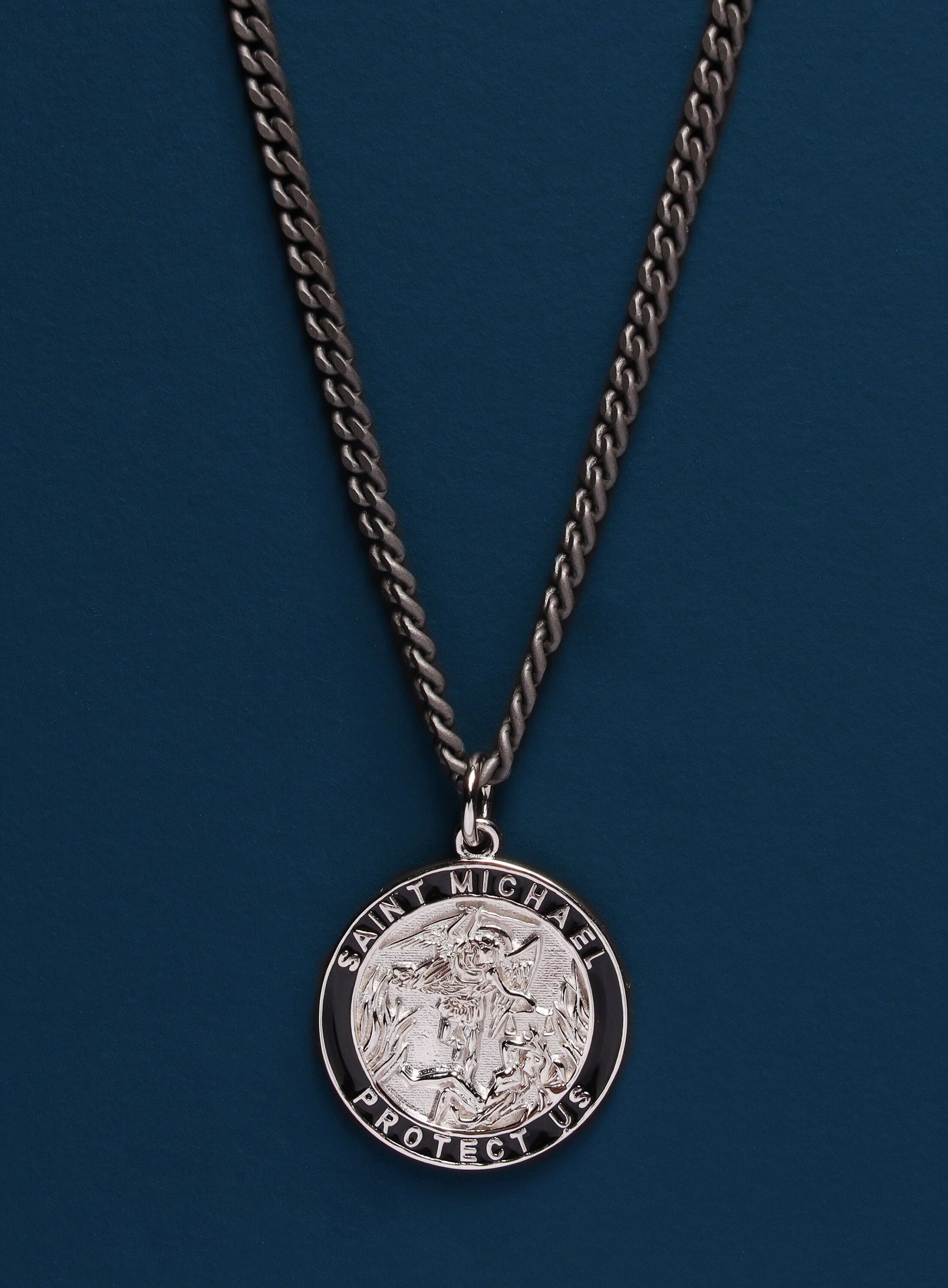 Saint Michael Sterling Silver Medallion on Black Titanium Chain — WE ...